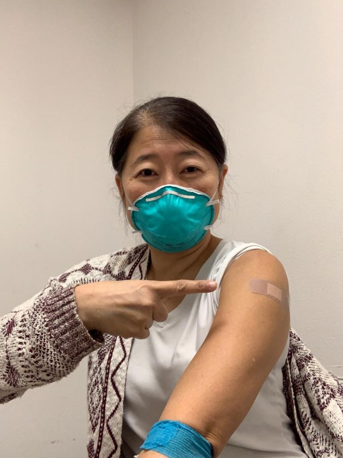 PTO Treasurer Jenny Hua after getting her first Covid-19 vaccine shot. 