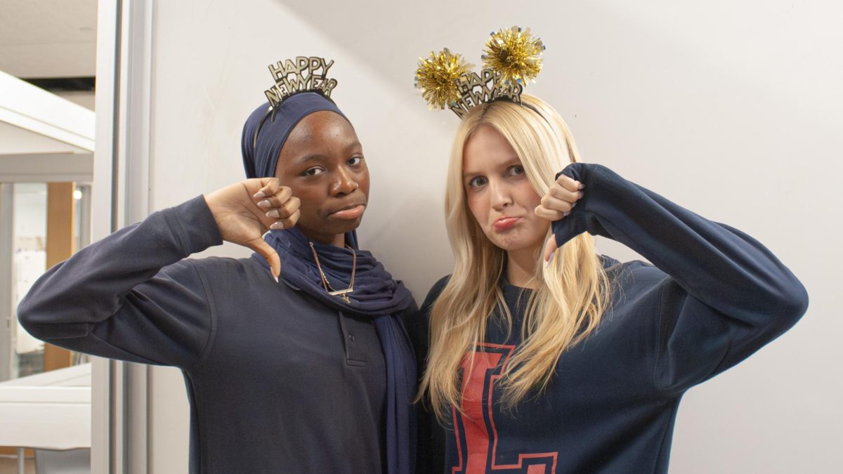 Juniors Yumnah Evans and Gabriella Bobb posing for New years resolutions article.
