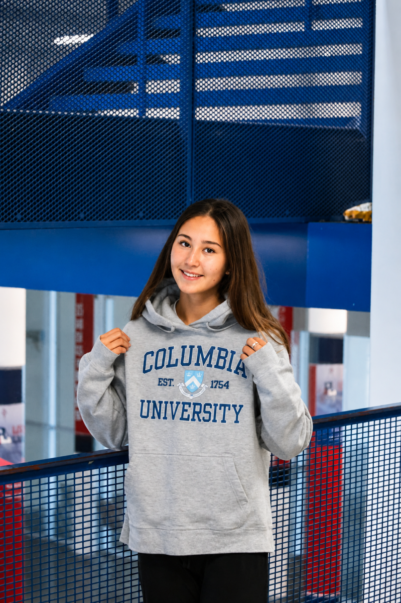 Senior Kamila Makasheva repping a Columbia University hoodie as her school of choice.